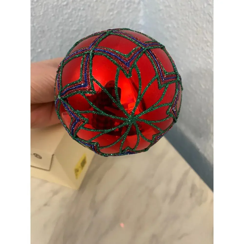Pottery Barn Red Glass Glitter Lattice Ball Ornament w/ Original Box